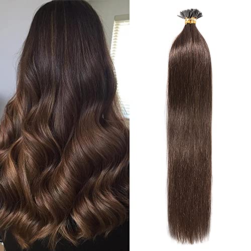 SEGO I Tip Remy Human Hair Extension Pre Bonded Keratin Stick Tipped Hair Extension Highlight Cold Fusion Hair Piece for Women Smooth Straight #4 Medium Brown 22 inches 50g 100 Strands/pack