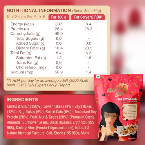 Image of Notta Sin Millet Muesli with Fruit, Nut & Seeds- High Protein Breakfast Cereal | No Added Sugar: Contains Zero Calorie Natural Monk Fruit & Stevia | High Fiber | Made with Jowar, Bajra & Ragi | 300g