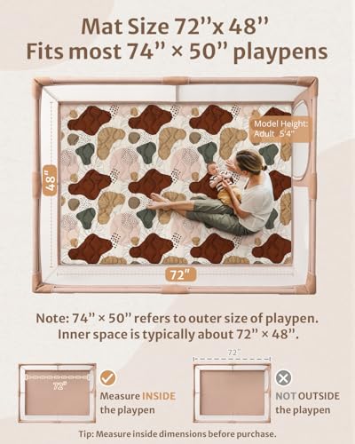 Image of Blissful Diary Baby Play Mats for Floor, 72x48 Inch Extra Thicker & Large Soft Cushioning Foam Playmats for Babies and Toddlers, Foldable Washable Baby Crawling Mat for Playpen, Boho Design
