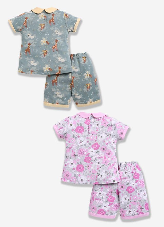 Image of Baby Girls 100% Cotton Printed Half Sleeve T-shirt & Short Summer Clothing Sets (Pack Of 2)