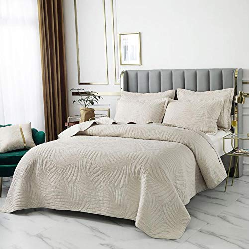 Doppelte Gesteppte Tagesdecke Aus Baumwolle Einfache Und Elegante Stickerei Waschbare Bettueberwurf Bedspread 240X260Cm Mit 2 KissenbezüGen 50X70Cm Sommer Klimaanlage Quilt,Beige-250X270CM
