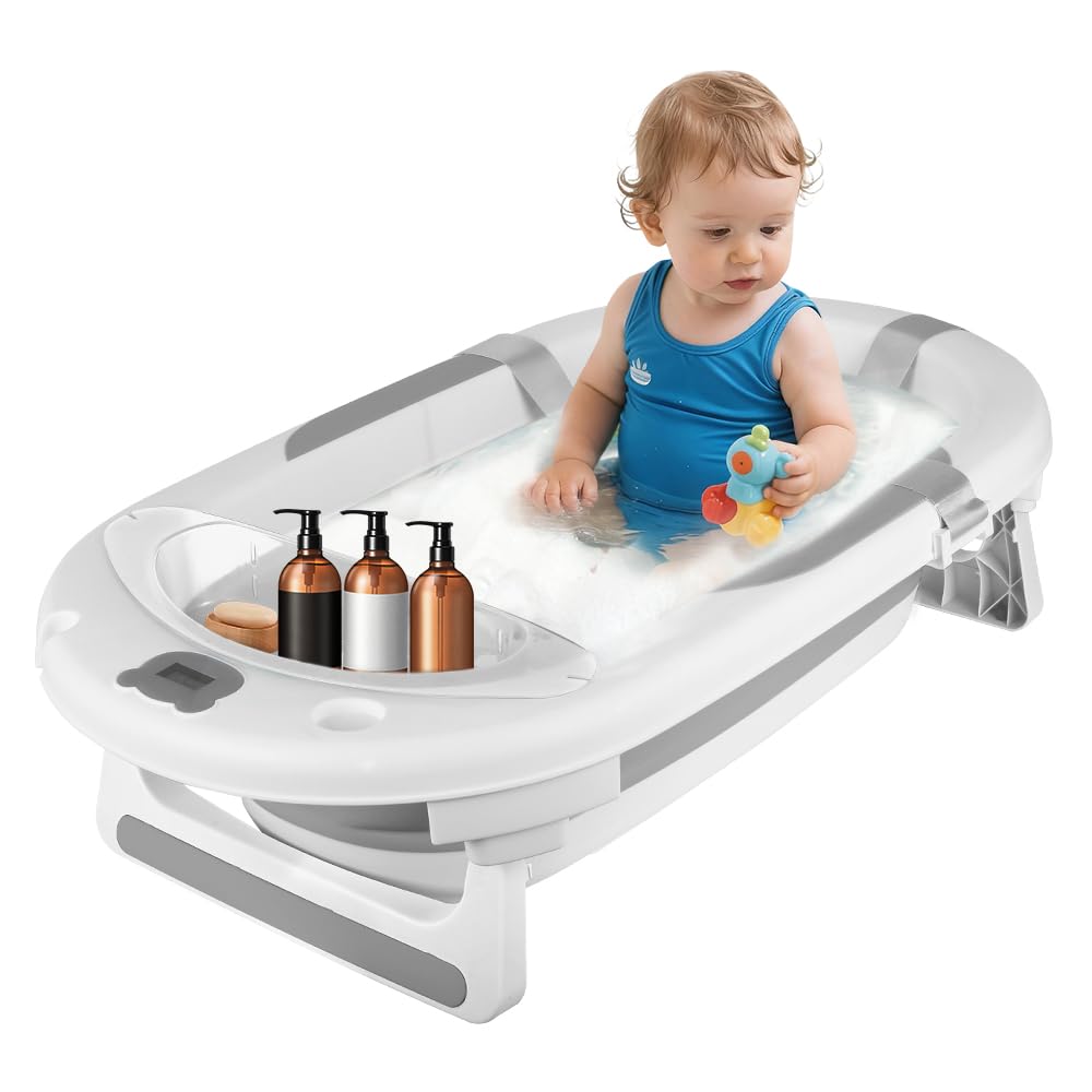 Bañera de bebé plegable con termómetro integrado, baño cómodo con soporte de almacenamiento, ideal para ducha, fácil de limpiar, incluye colchón y gorro de baño (gris)