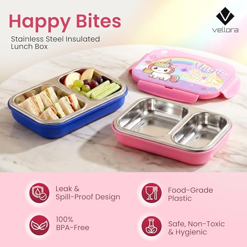 Image of Stainless Steel Lunch Box for Kids, Boys & Girls, Unicorn Design with 2 Compartments, Leakproof Tiffin Box for School, BPA-Free, Easy to Carry & Clean, Multipurpose Lunch Box for Outdoor Use
