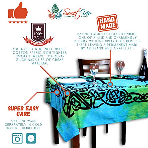 Sweet Us Celtic Print Tablecloth For Square Tables 72X72 Blue Green Turquoise Tree Of Life Cotton Fabric Kitchen, Dining Linen #TOP1