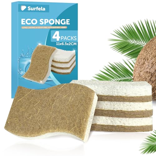 Surfela 4 Esponjas de Cocina Ecológicas Están Hechas de Celulosa Ecológica y Cáscaras de Coco, Ecológicas, Naturales, Compostables y Biodegradables
