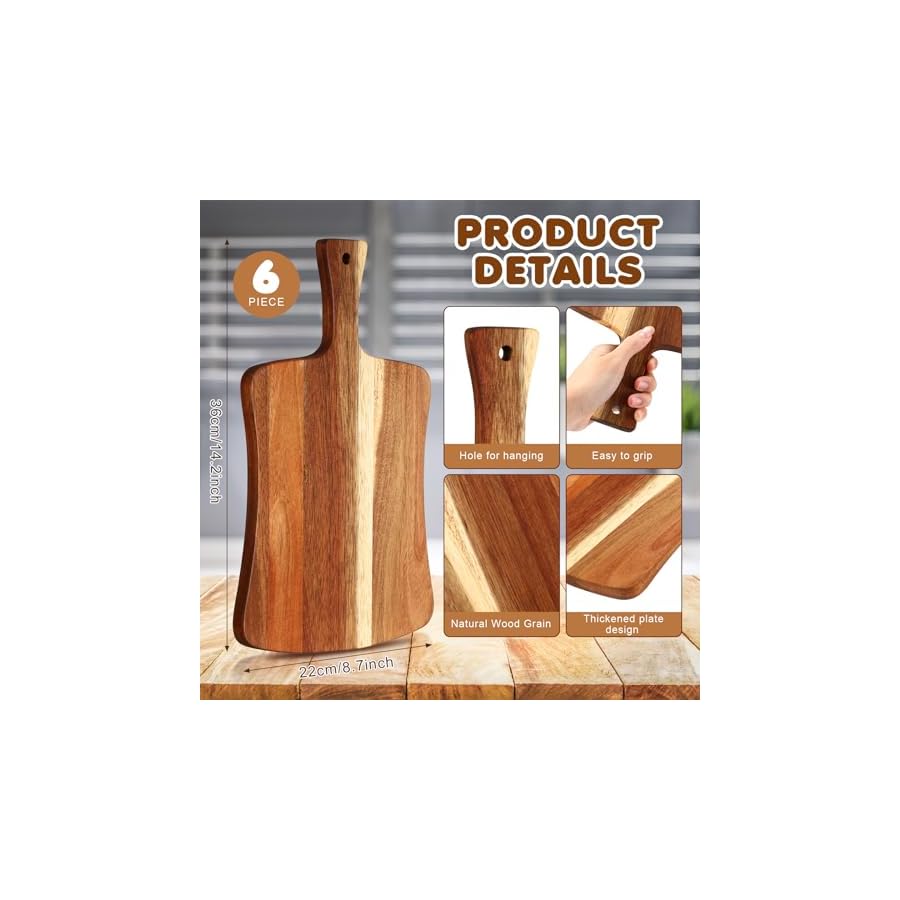 Layhit-6-Pack-Thick-Acacia-Wood-Cutting-Board-Wooden-Serving-Board-Double-Sided-Serving-Wood-with-Handle-Chopping-Boards-for-Kitchen-Meat-Charcuterie-Cheese-Bread-Vegetables-Fruits-14-x-87-Inch Layhit 6 Pack Thick Acacia Wood Cutting Board Wooden Serving Board Double Sided Serving Wood with Handle Chopping Boards for Kitchen Meat Charcuterie Cheese Bread Vegetables Fruits, 14 x 8.7 Inch