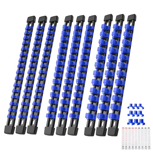 Image of Reniteco 9-Pack Socket Organizer Set, 1 /4 inch x 48 3 /8 inch x 45 1 /2 inch x 36 Clips | 129 Clip Capacity, Havy-Duty ABS Socket Rails, Removable Clips, Drive Socket Storage, Toolbox Drawer or Wall Mount