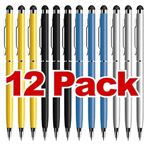 12 Pack Stylus Pens for Touch Screens 2 in 1 Tablet Pen Compatible with iPad iPhone Kindle Fire Samsung Galaxy Android Stylus with Blue Ballpoint ink for All Capacitive TouchScreens (4 Colours) Cover