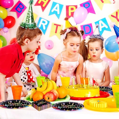 BOKFJBP 40Stück Neon Geburtstag Party Teller & Servietten-Einmalgeburtstag Geschirr Neon Glühen Bunte Glühen im Dunkeln Party Dekoration Favor für Geburtstag Baby Dusche 20 Gäste Schuleinführung