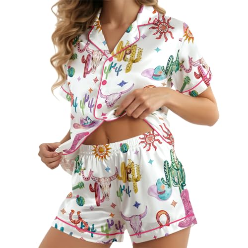 Image of HUNTFAMI Womens Soft Silky Satin Pajamas Set, 2 Pcs Sleep Short Pajamas for Mom and Grandma Button Down Summer Loungewear