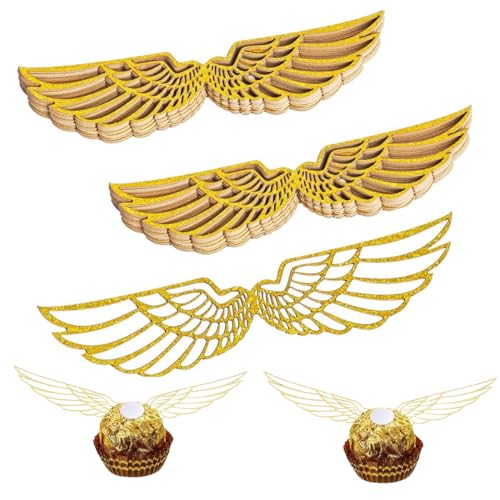 YUVKIN 50 piezas de alas para tartas y cupcakes, decoración de Chocolate, alas Doradas con Purpurina, Decoraciones Brillantes para Fiestas temáticas de Mago, cumpleaños, snitch dorada (brillante)