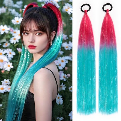 Ponytail Extension for Women Girls, 2 Pack Braided Hair Extensions with Tinsel, Colorful Synthetic Ponytail Extension with Elastic Tie for Cosplay & Dress Up Party, Ombre Red to Turquoise, 26 Inch