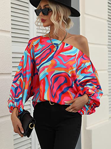 GORGLITTER Women's Colorful Off Shoulder Work Blouse Top Long Sleeve 70s Asymmetrical Neck Business Casual Shirts4