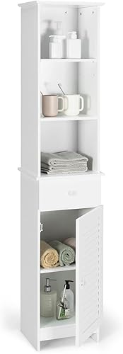 Tangkula Armario alto de baño, gabinete de almacenamiento delgado con estante de 3 niveles, cajón y torre de lino cerrada y estrecha, estantes