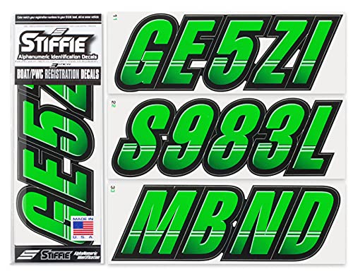 Image of STIFFIE Techtron Electric Green /Black 3 inch Boat & PWC Registration Decals • Numbers Letters Stickers