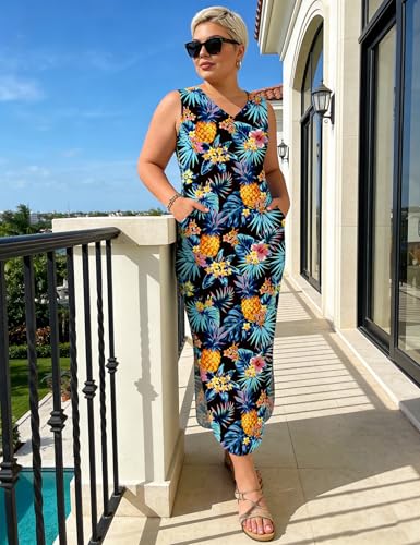 Image of UOUA Women Summer Maxi Dresses Plus Size Casual Hawaiian Sundress Sleeveless Loose Split Beach Dress with Pockets