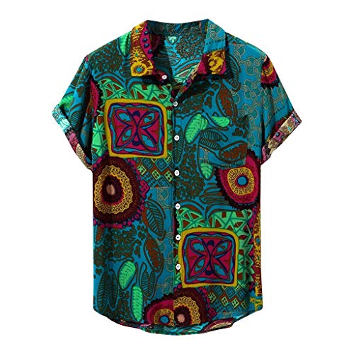 Fannyfuny camiseta Hombre Verano Casuales Camisetas de Playa Manga Corta Impresión Botón Slim Camisa Ocio Cuello En V Moda Blusa Superior Retro Henley Camisas Sudadera