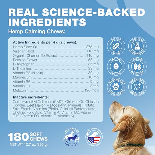 Image of Hemp Calming Chews for Dogs - Dog Calming Treats - Anxiety Relief for Dogs with L-Theanine, Chamomile Extract, Valerian Root - Dog Anxiety Relief for Travel, Vet Visits, Thunderstorms, Nail Trimming