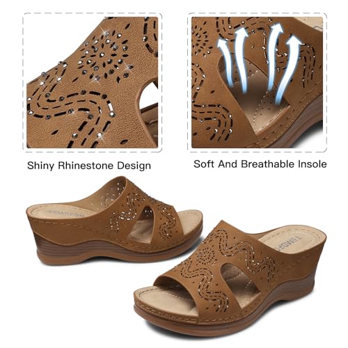 Image of TEMOFON Women Wedge Sandals Dressy: Comfortable Lightweight Summer Shoes | Low Wedge Heel - Fit Wide Feet - Comfy Stylish Slip on Sandals Size 5-11