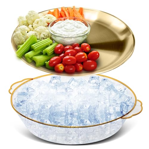 Baderke 1 Set 11.8' Chilled Serving Tray For Parties With Compartments Ice Chilled Party Platter Charcuterie Serving Board Cold Dish Dip For Fruit Seafood Vegetable Shrimp Cocktail (Gold)