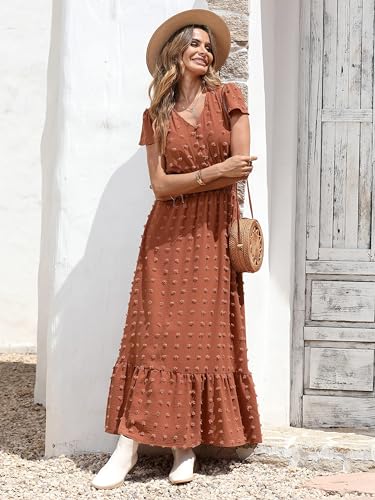 Image of PRETTYGARDEN Womens Dresses 2026 Summer Maxi Dress Boho Short Sleeve V Neck Swiss Dot Ruffle Tiered Smocked Flowy Long Dress
