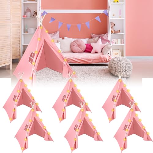 MBJZSL 6 Packs Pink Teepee Tent for Kids with 10FT String Lights, Indoor Outdoor Play Teepee Tent for Girls & Boys, Foldable Tents for Birthday Party Boho Sleepovers Party Pajama Party