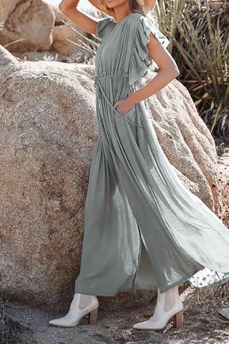 Image of R.Vivimos Maxi Dresses for Women 2026 Summer Short Sleeve V Neck Drawstring Tie Boho Loose Flowy Long Dresses with Pockets