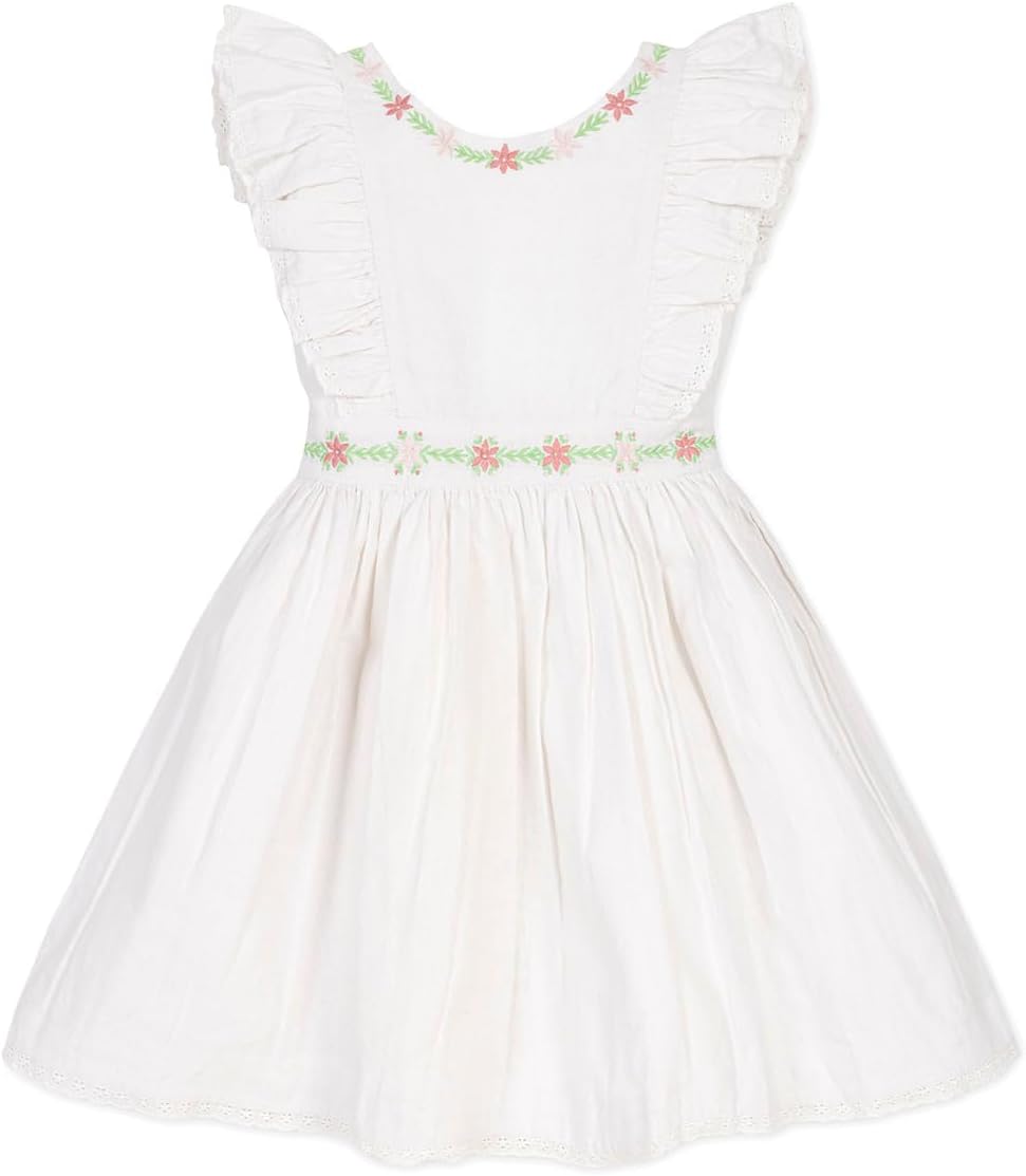 Hope & Henry Girls’ Linen Ruffle Jumper with Embroidery | Organic Cotton & Linen Blend | Fully Lined, Zipper Back, White with Embroidery, 7