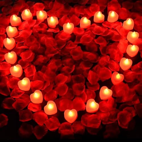 24 Pack Red Heart Shaped Candles Lights, Romantic Love LED Tealight Candle with 1000 Pcs Silk Rose Petals for Valentines Day Decorations Wedding Table Centerpiece Decor Anniversary Party Favor