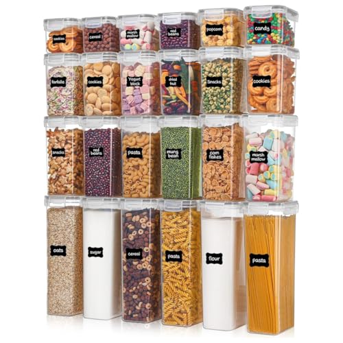 House Organizer Potes Herméticos para Alimentos com Tampa – Kit com 24 Porta Mantimentos, Organizadores de Cozinha e Despensa em Plástico para Cereais, Alimentos Secos, Farinha e Açúcar. Bpa Free.