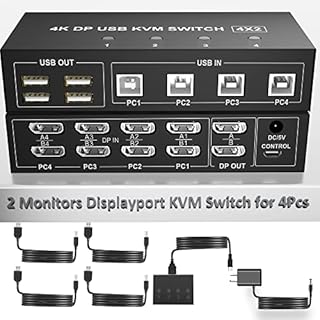 Displayport KVM Switch 4 Computers 2 Monitors, 4K@60Hz 4 Port KVM Switch Dual Monitor Displayport with 4 USB Hub, Dual Monitor Displayport KVM 4PCs Share 1 Set of Keyboard, Mouse and 2 Monitors