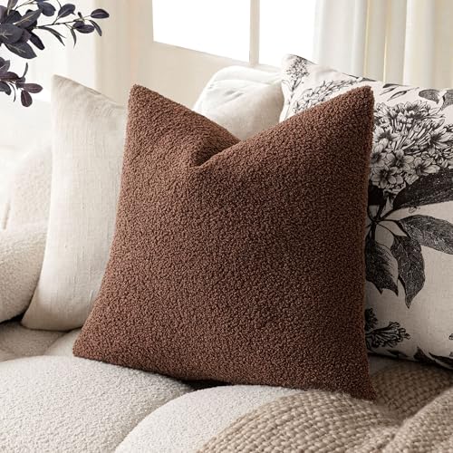 Image of Foindtower Pack of 2, Curly Faux Fur Decorative Throw Pillow Covers Soft Fuzzy Plush Cushion Case with Zipper Cozy Pillowcase for Home Living Room Couch Bed Sofa 22 x 22 Inch,Red Brown