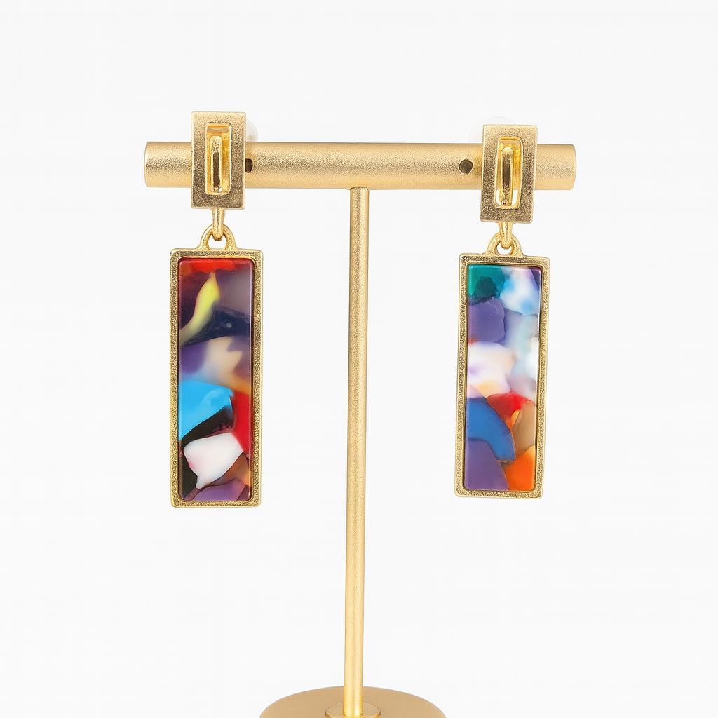 Rectangle Geometric Clip On Earrings For Women,Gold Plated Resin Non Pierced Ear Clips Drop Dangle Earrings Hypoallergenic Non Pierced Earrings for Sensitive Ears image 3