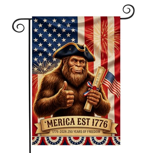 MAGJIUKE Merica Patriotic Garden Flag, Bigfoot 'Merica EST 1776 Banner, Funny Sasquatch 250th Anniversary July 4th Yard Flag, Double Sided, 12x18 Inch