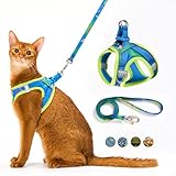 Cat Harness and Leash Set, Step-in Escape Proof Adjustable Vest Harness for Small Medium Large Cats, Lightweight Soft Breathable Reflective Kitten Harness for Walking Travel, Camping(Hawaii Green, L)