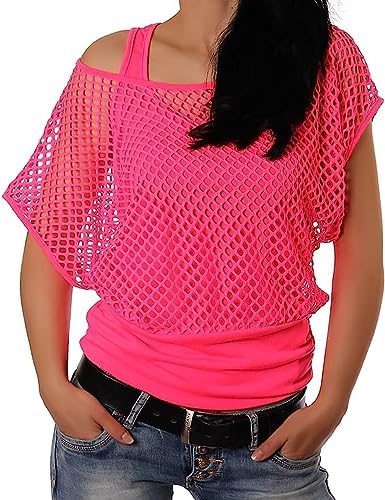 Dames outfit jaren 80 voor carnaval party dames T-shirt mesh neon T-shirt dames tanktop dames kostuum jaren 80 neon kleding nettop dames mesh top T-shirts korte mouwen, Felroze, XL