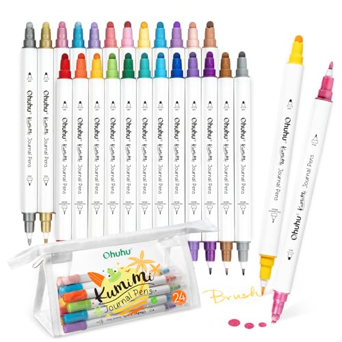 Ohuhu Dot Marker Stifte 24 Farben, Dual Tips (Kalligraphie Pinsel & Dot) Stifte einschließlich Metallic, Pastell, Primärfarben, auf Wasserbasis für Journal Scrapbooking Highlight Färbung- Kumimi