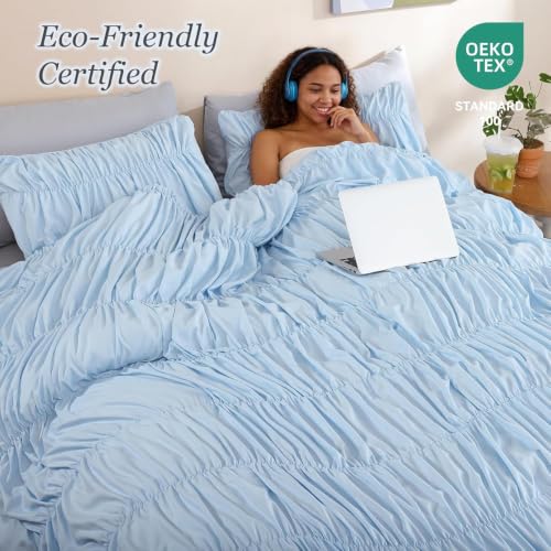 Image of weigelia Ruched Comforter Set Twin Size, 2 Piece Light Blue Ruffle Bedding Set with 1 Pillowcase, Soft Lightweight Polyester Comforter for Girls Room, Dorm, Boho Bed Set