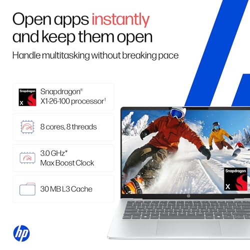 Image of HP OmniBook 5 OLED (Previously Pavilion), Snapdragon X Processor (16GB LPDDR5x, 512GB SSD) 2K, 14'' /35.6cm, Win11, M365 Basic(1yr)* Office24, Silver, 1.35kg, he0014QU, Light-Weight, Next-Gen AI Laptop