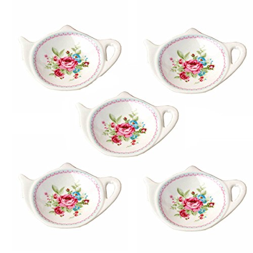 Set of White Porcelain Ceramic with Flower Trim Teapot-Shaped Tea Bag Holder Tea Bag Coasters Spoon Rests Classic Tea Time Saucer Seasoning Dish Set TYGZ