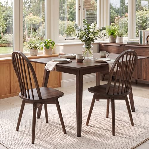 Image of COSTWAY Swivel Windsor Dining Chairs Set of 2 with Spindle Back, Walnut | Solid Rubber Wood, Armless Kitchen Chair with Tilt Back, Mid-Century Modern Side Chairs for Dining Room, Kitchen, Restaurant