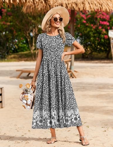 Image of Zeagoo Summer Dresses for Women 2026 Maxi Bohemian Floral Short Sleeve Long Dress Casual Flowy Tired Beach Sundress
