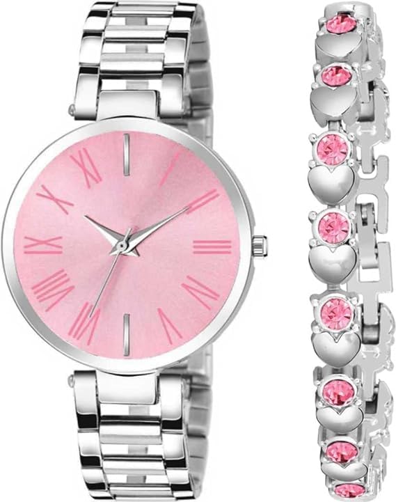 KE GALLERY Dial & Stainless Steel Silver Band Watch | with Little Heart Blue Diamond Silver Bracelet Combo | Analog Watch - for Girls and Women (Pink) (B0D5YRXX5X) Amazon Price History, Amazon Price Tracker