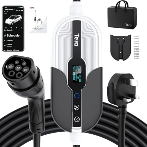 Tera Type 2 EV Charger Portable: Smart APP 230V 3kW Wall Connector UK 3 Pin Plug 6/8/10/13A Wi-Fi & BT Enabled 7 Meter Cable 12 Hours Delay Timer with Controllable Digital Display