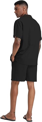 Miniatura 4 de RPOVIG Conjunto de 2 piezas de camisa de lino para hombre, conjunto de 2 piezas con botones, ropa casual de verano, ropa de vacaciones