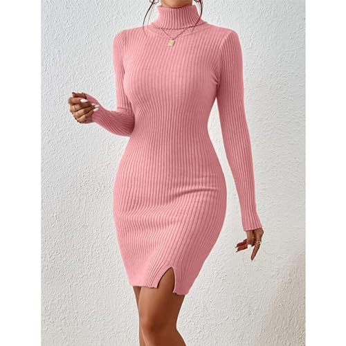 Image of GLARE & BLAIR Solid Turtle Neck Regular Fit Casual Ribbed Knit Long Sleeve Bodycon Dress for Women