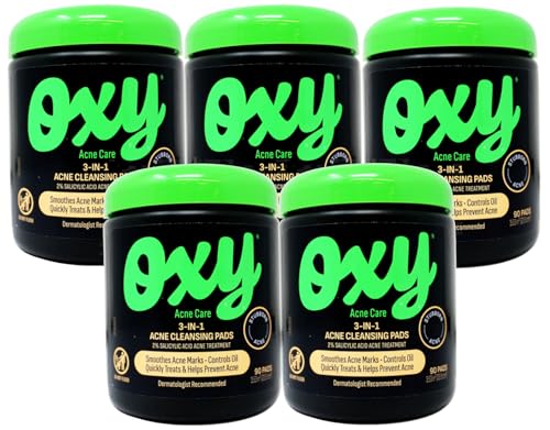 Oxy Acne Care 3-in-1 Acne Cleansing Pads, 2% Salicylic Acid Acne Treatment, 90 Pads (Pack of 5)