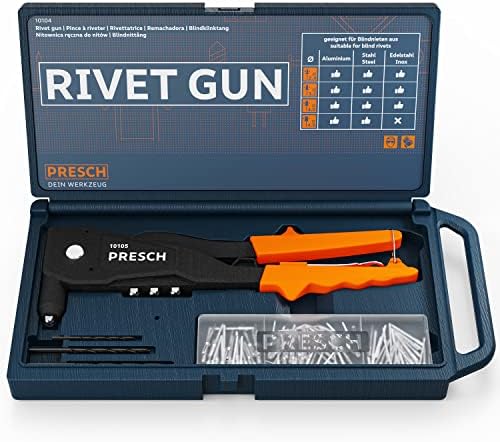 Presch Rivet Gun Set with Case and 75 Blind Rivets - Robust Professional Riveter Rivet Gun - Riveting Tool with an Ergonomic Handle for Blind Rivets