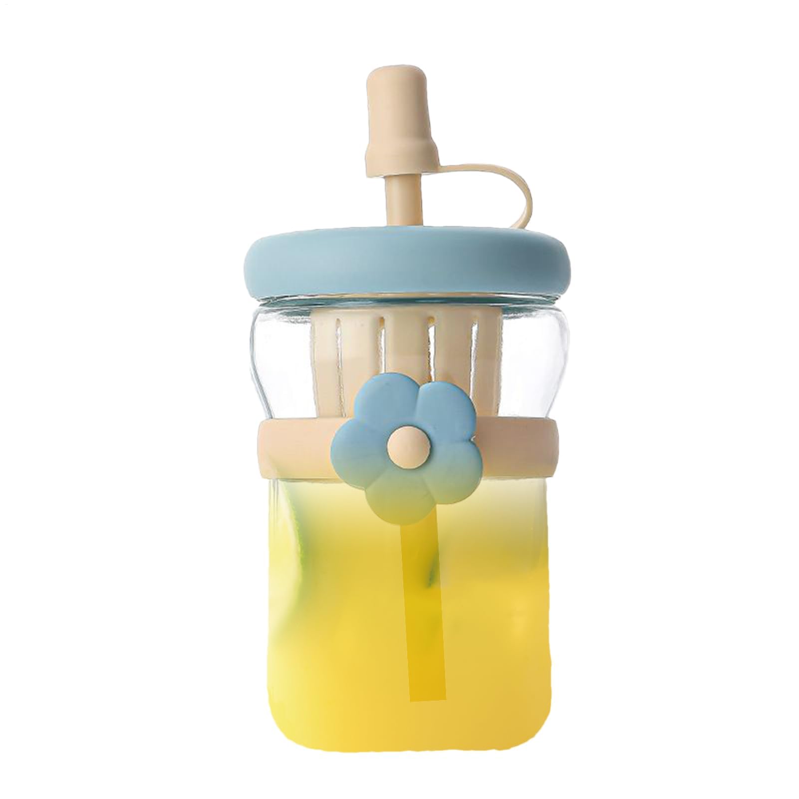 Wiederverwendbare Glasflasche, 500 ml, transparenter Trinkbehälter mit auslaufsicherem Deckel und Silikon-Trinkhalm, tragbare Getränkelösung für Reisen, Fitnessstudio, Schule, Büro, Zuhause