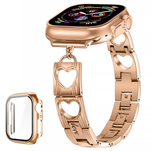 SaNgaiMEi Metal Strap Compatible with Apple Watch 41mm 40mm 38mm Women Heart Replacement Bands & 44mm Hard Case with Tempered Glass Screen Protector for iWatch SE Series 9 8 7 6 5 4 3 2 1 44mm Rose